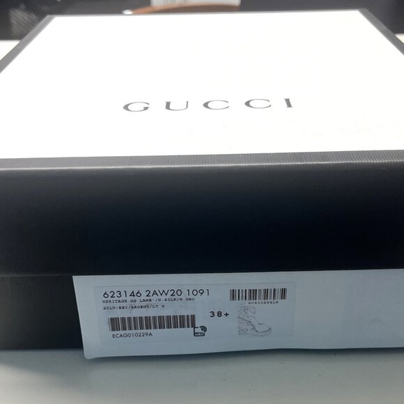 GUCCI SHOES HERITAGE PILAR LAME SILVER GG PLATFORM ESPADRILLE WEDGES 38.5 US 8 - Picture 4 of 16